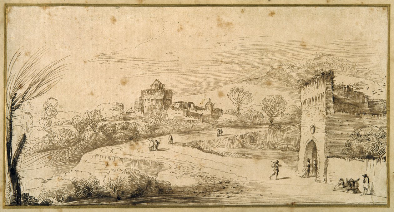 Landscape with a crenellated gatehouse and a winding road (pen & ink on paper) بواسطة جويرسينو