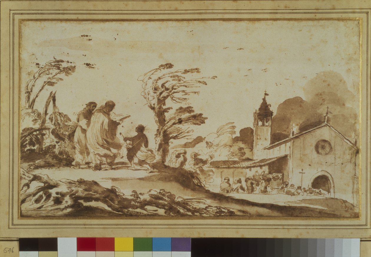 Landscape with figures by a church (pen & ink and wash on paper) بواسطة جويرسينو