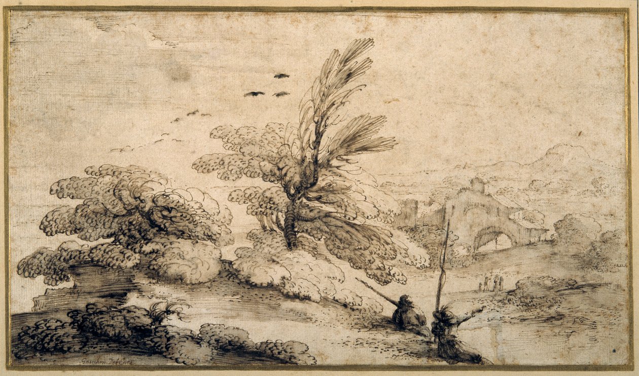 Landscape with two fishermen resting (pen & ink on paper) بواسطة جويرسينو