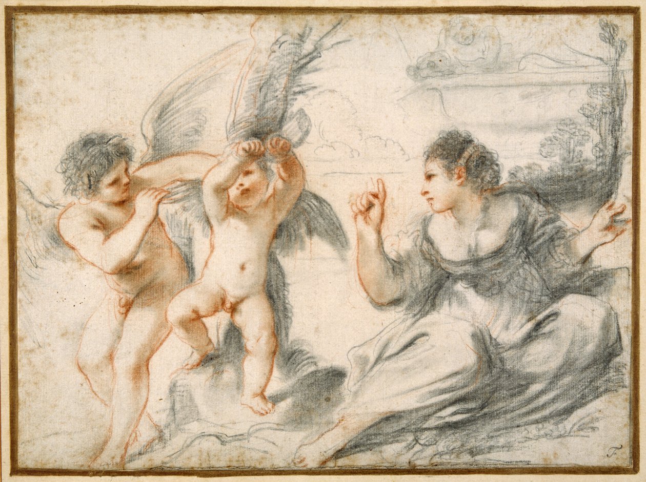 Venus scolding Cupid, while an older cupid binds him to a tree (black & red chalks on paper) بواسطة جويرسينو
