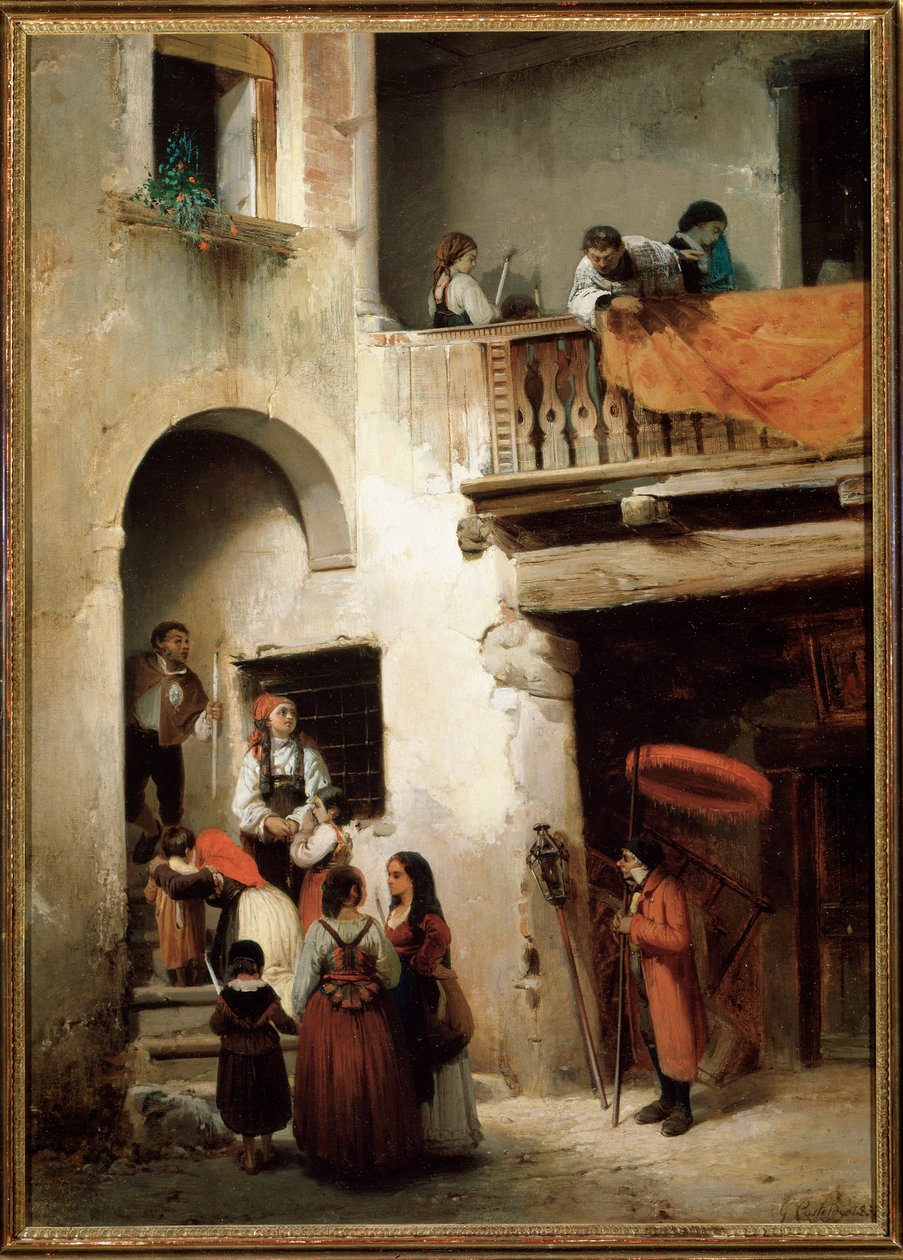 انتعاش شديد ، عائلة تنتظر خارج منزل رجل يحتضر لوحة Guglielmo Castoldi (1823-1882) 1858 Dim 89x64 cm Genes، Galleria d