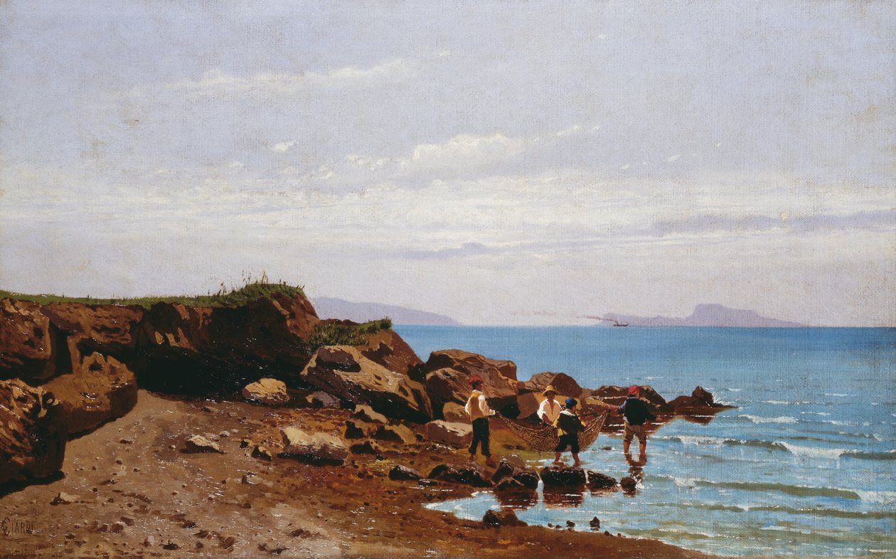 صيادون على ساحل نابولي ، مع جزيرة كابري في الخلفية ، بقلم غولييلمو سياردي (1842-1917) ، زيت على قماش ، 47.5 × 76.5 سم بواسطة غولييلمو سياردي