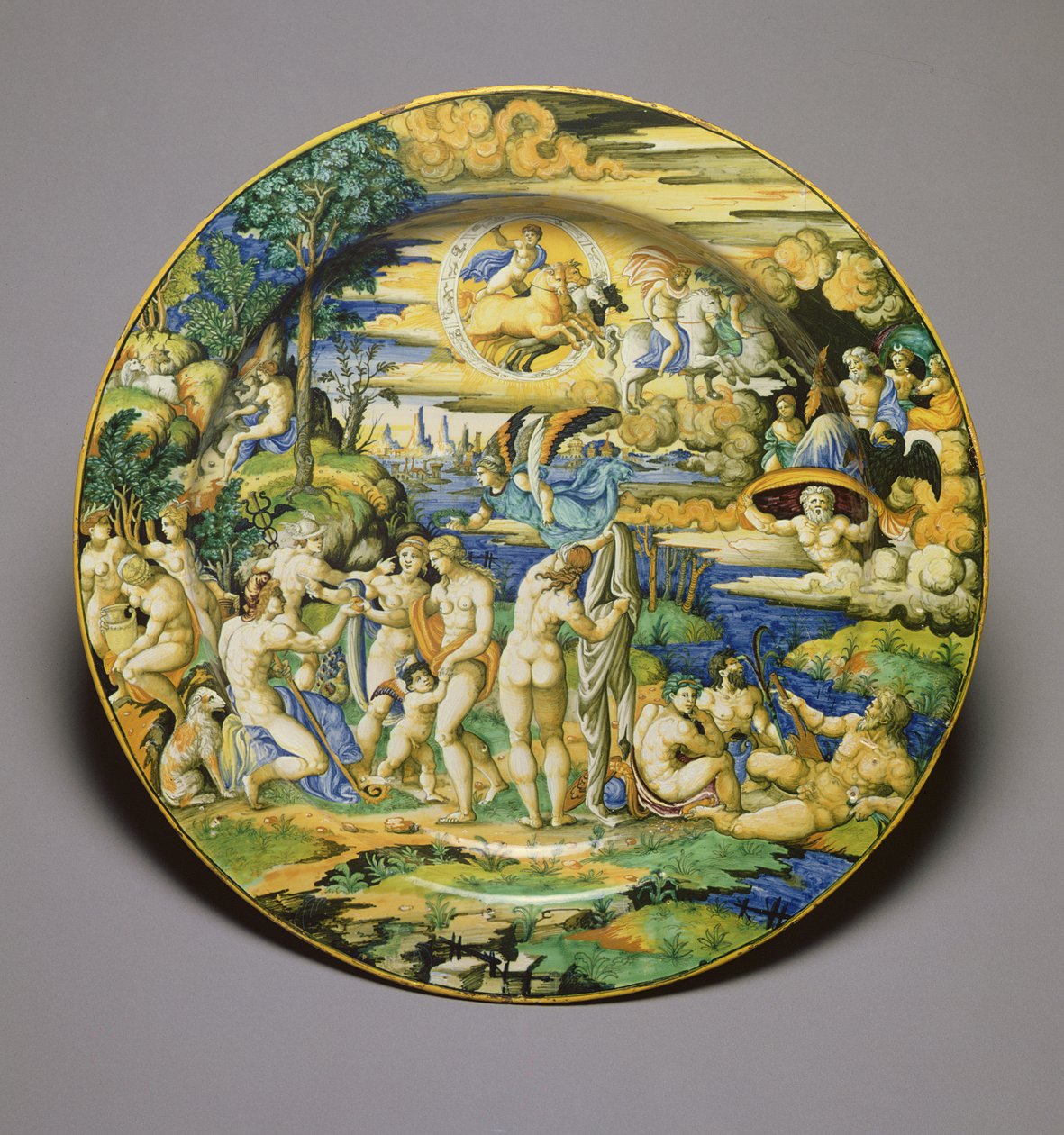C.59-1927 طبق يصور حكم باريس ، 1544-50 (آنية فخارية من الصفيح) بواسطة جيدو دورانتينو
