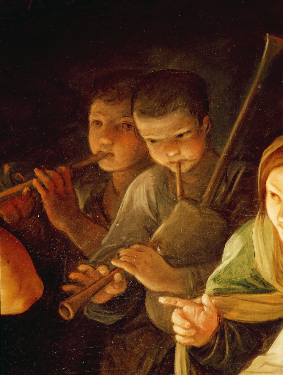 عشق الرعاة تفاصيل الموسيقيين الشباب في الخلفية ، 1642 زيت على قماش بواسطة جويدو ريني