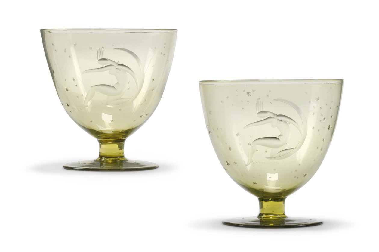 كؤوسان محفوران من طراز La Luna (القمر) ، حوالي عام 1930 (زجاج منفوخ يدويًا) بواسطة جيدو بالسامو ستيلا