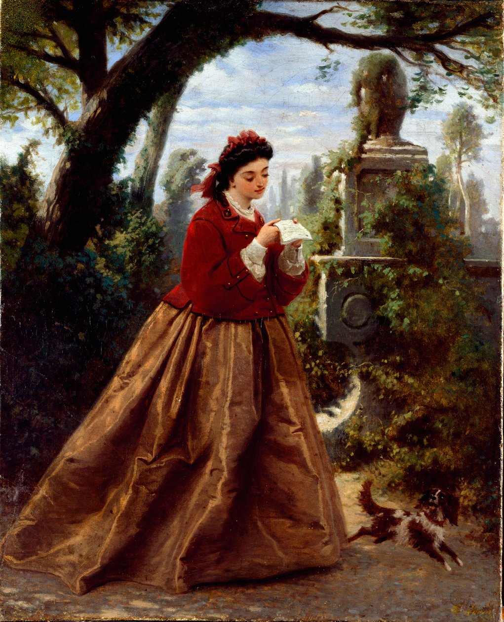 الرسالة شابة تقرأ رسالة حب على الأرجح ، في مشهد رومانسي. لوحة ل Guido Gonin (1833-1906) 1868 Genes، Galleria d