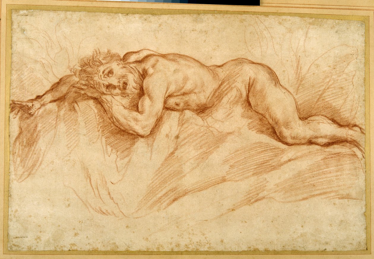 A terrified nude man, prone on rocky ground (red chalk on paper) بواسطة جويدو ريني
