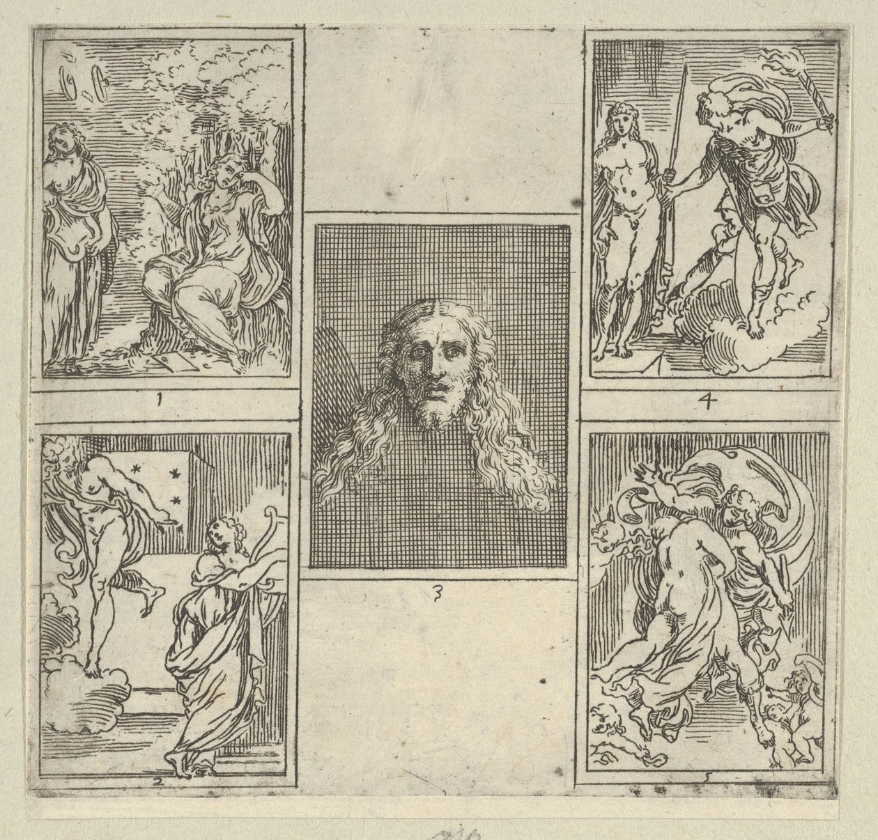 خمسة مشاهد مرقمة ، كل بعد رسام في Accademia Degl'Incamminati ، من IL FUNE ... ، 1603. بواسطة جويدو ريني