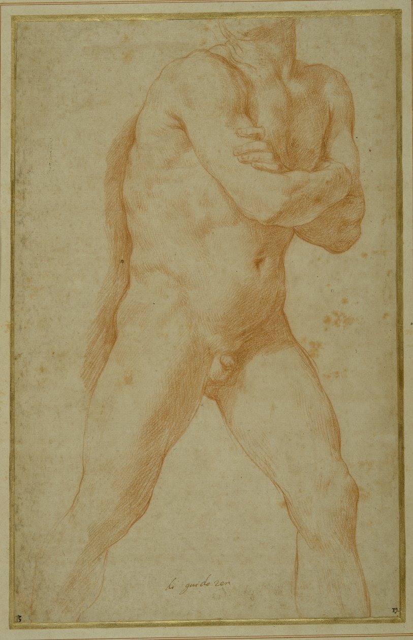 Nude man striding forward, with arms folded and looking over this right shoulder (red chalk on cream paper) بواسطة جويدو ريني