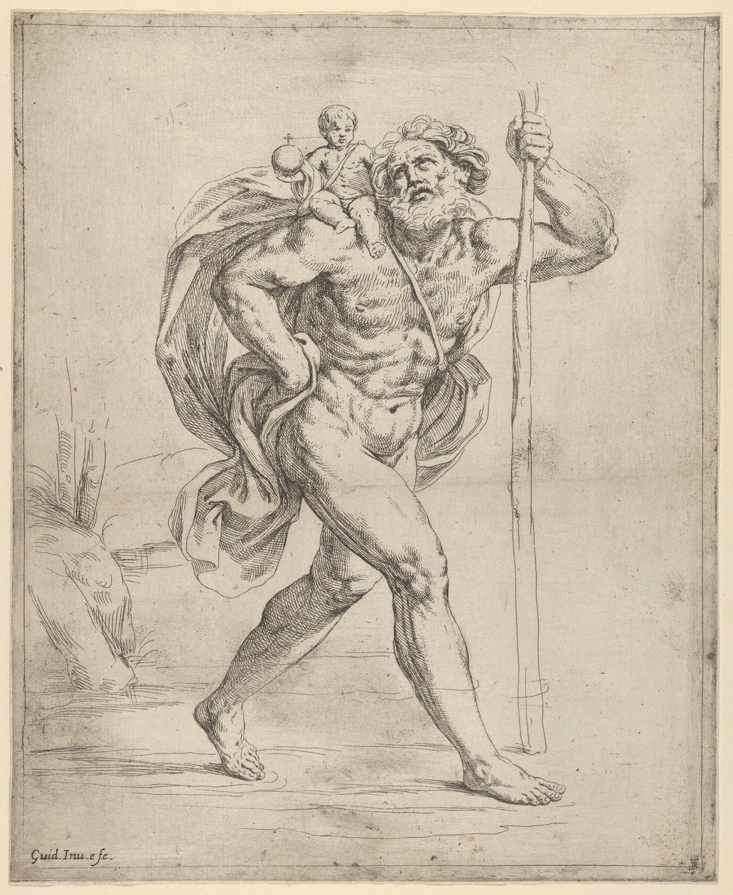 القديس كريستوفر يمشي مع المسيح الرضيع على كتفه الأيمن ، كاليفورنيا. 1600-1640. بواسطة جويدو ريني