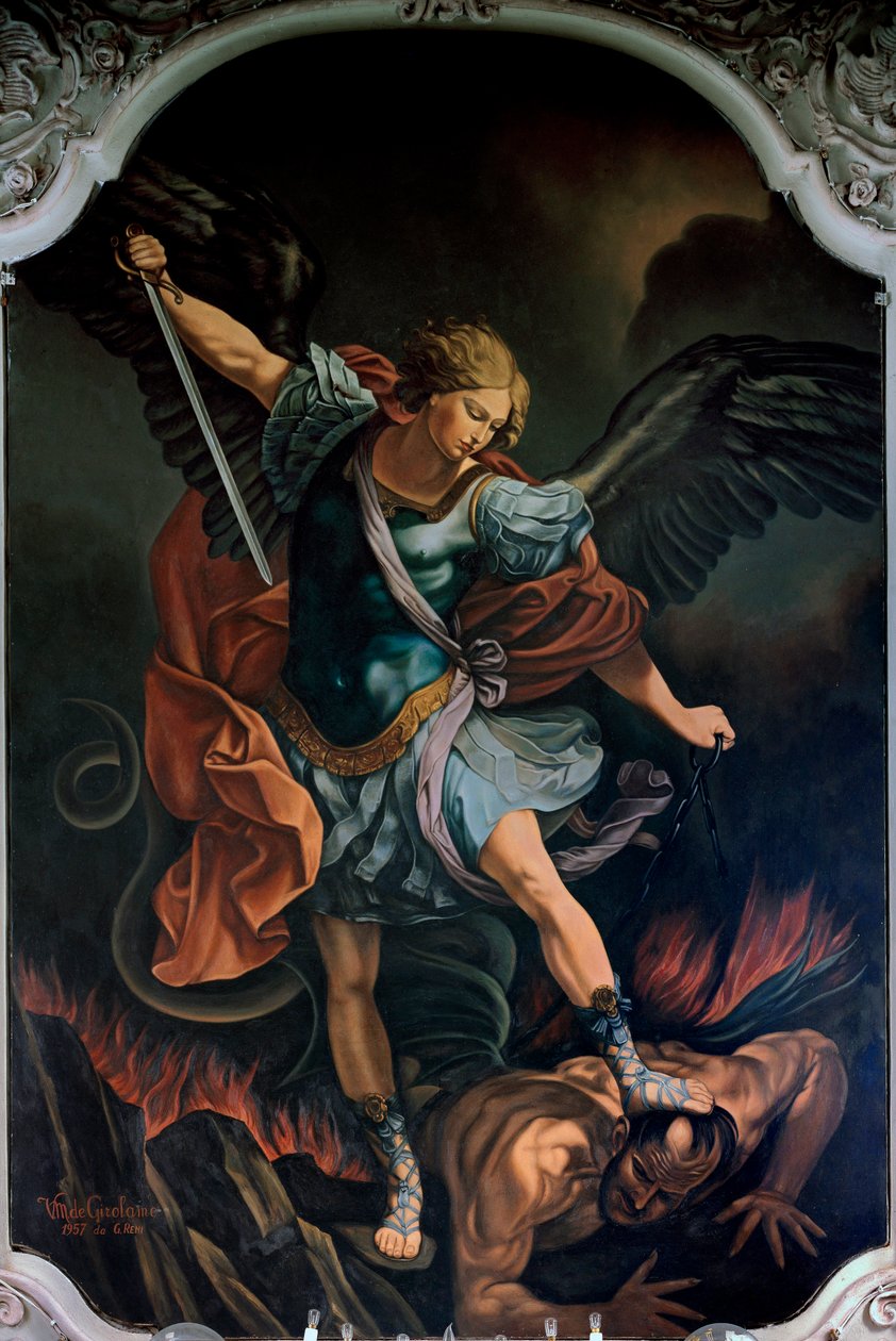 رئيس الملائكة ميخائيل يهدأ لوحة التنين بواسطة V. M. De Girolamo (القرن العشرين) بعد Guido Reni. 1957 بواسطة جويدو ريني