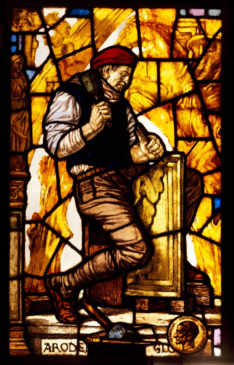 Panel of a window depicting a stonemason (stained glass) بواسطة جيدو زوكارو