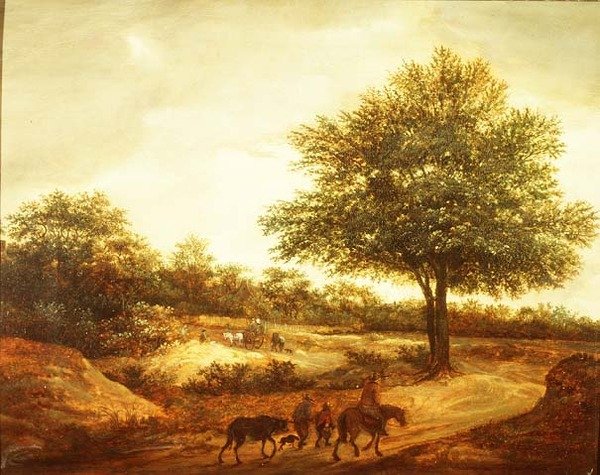منظر طبيعي مشجر مع مسافرين على طريق ، كوخ خلفه بواسطة Guillam de Vos