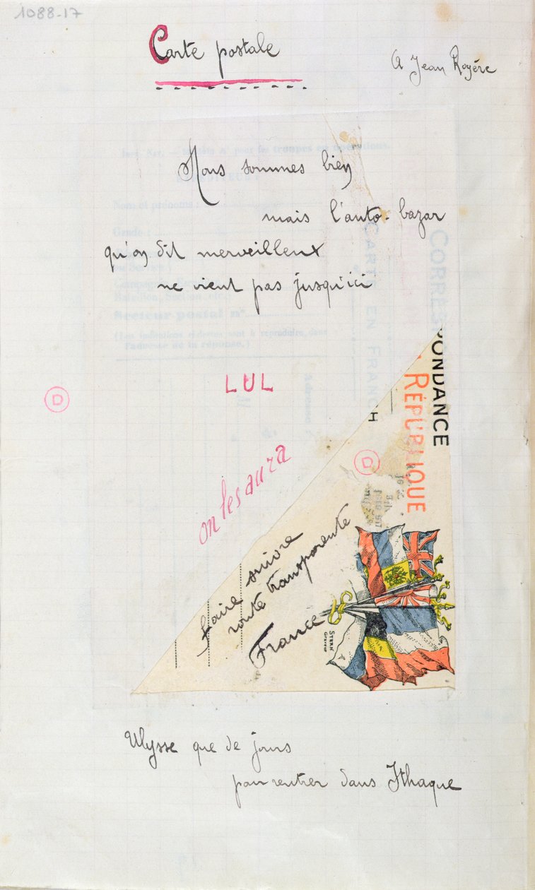 "Carte-Postale" ، قصيدة مخصصة لجان رويير من مجموعة "Case d&39;Armons" ، 1915 (قلم جاف وحبر وملصق على ورق) بواسطة غيوم أبولينير
