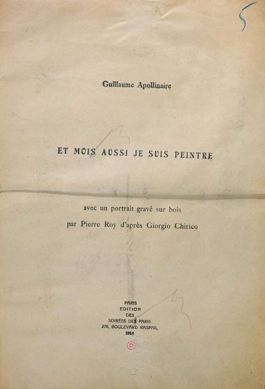 نسخة مُثبتة من الواجهة الأمامية لـ "Et Moi aussi Je Suis Peintre" ، 1914 (حبر على ورق) بواسطة غيوم أبولينير