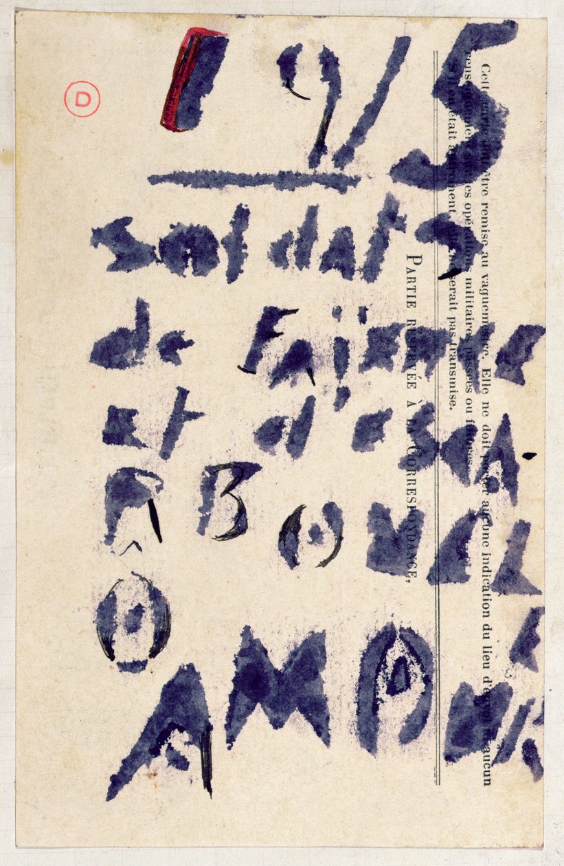 "جنود الطين ..." ، قصيدة من مختارات الشعر "Case d&39;Armons" ، 1915 (استنسل وحبر على ورق) بواسطة غيوم أبولينير