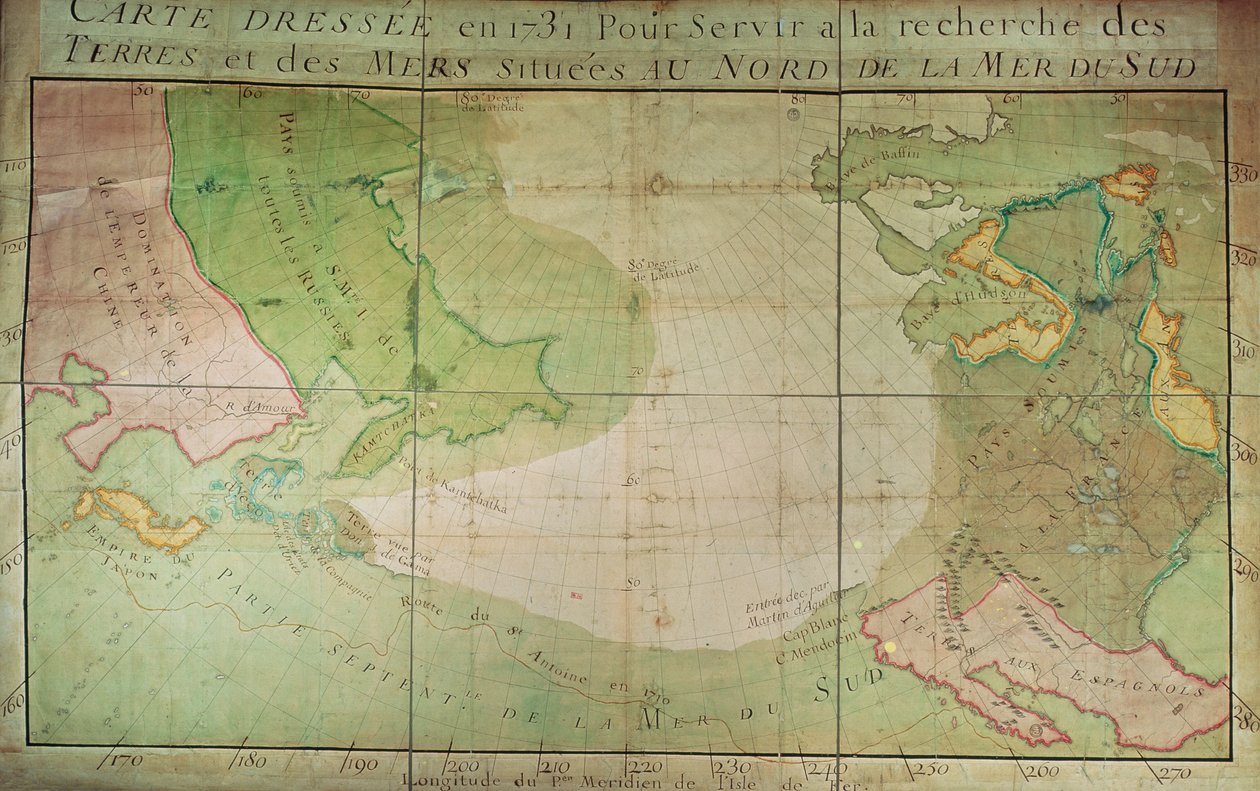 خريطة الاكتشافات الجديدة في شمال البحر الجنوبي وشرق سيبيريا وغرب فرنسا الجديدة ، 1731 بواسطة غيوم ديليسل