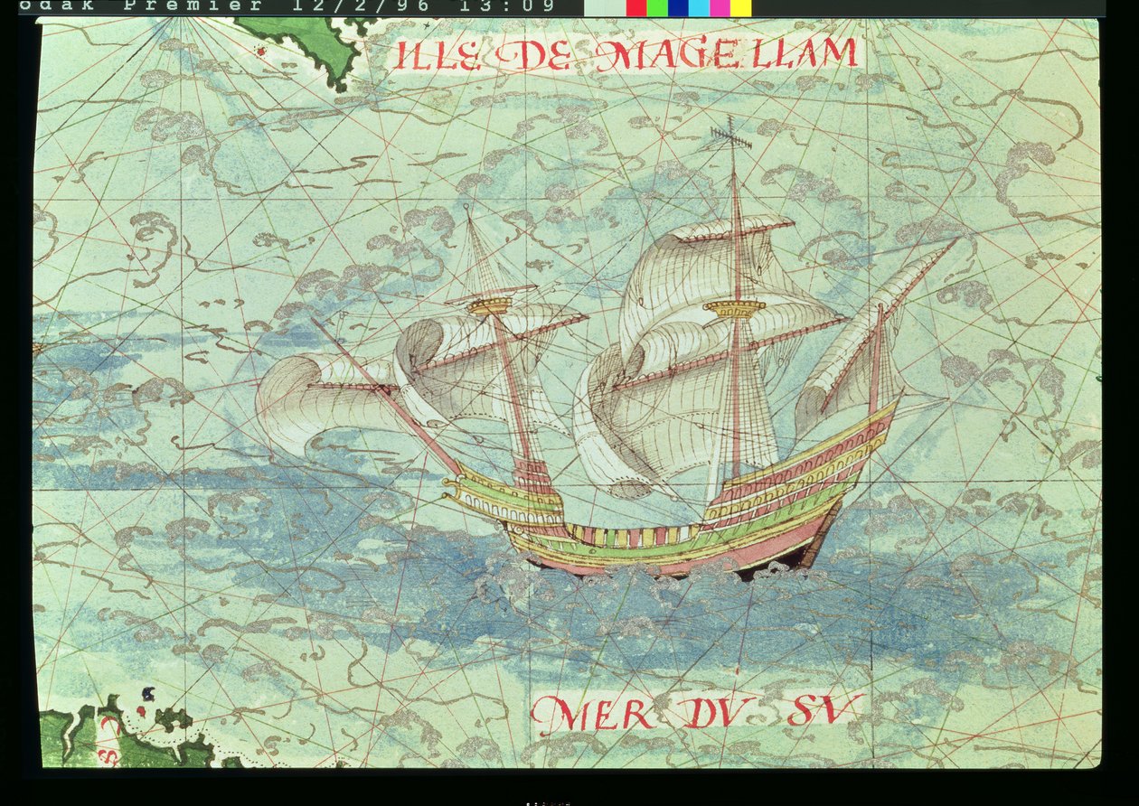 F.41v A Caravel ، تفاصيل من "Cosmographie Universelle" ، ١٥٥٥ بواسطة غيوم لو تستو