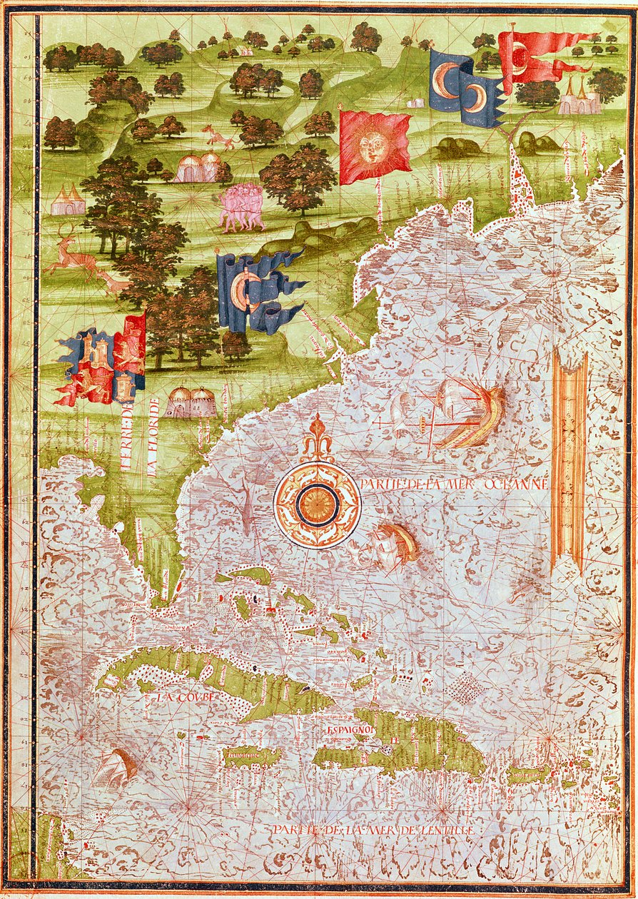 F.52v خريطة فلوريدا وجزر الأنتيل ، من "Cosmographia Universelle" ، 1555 بواسطة غيوم لو تستو