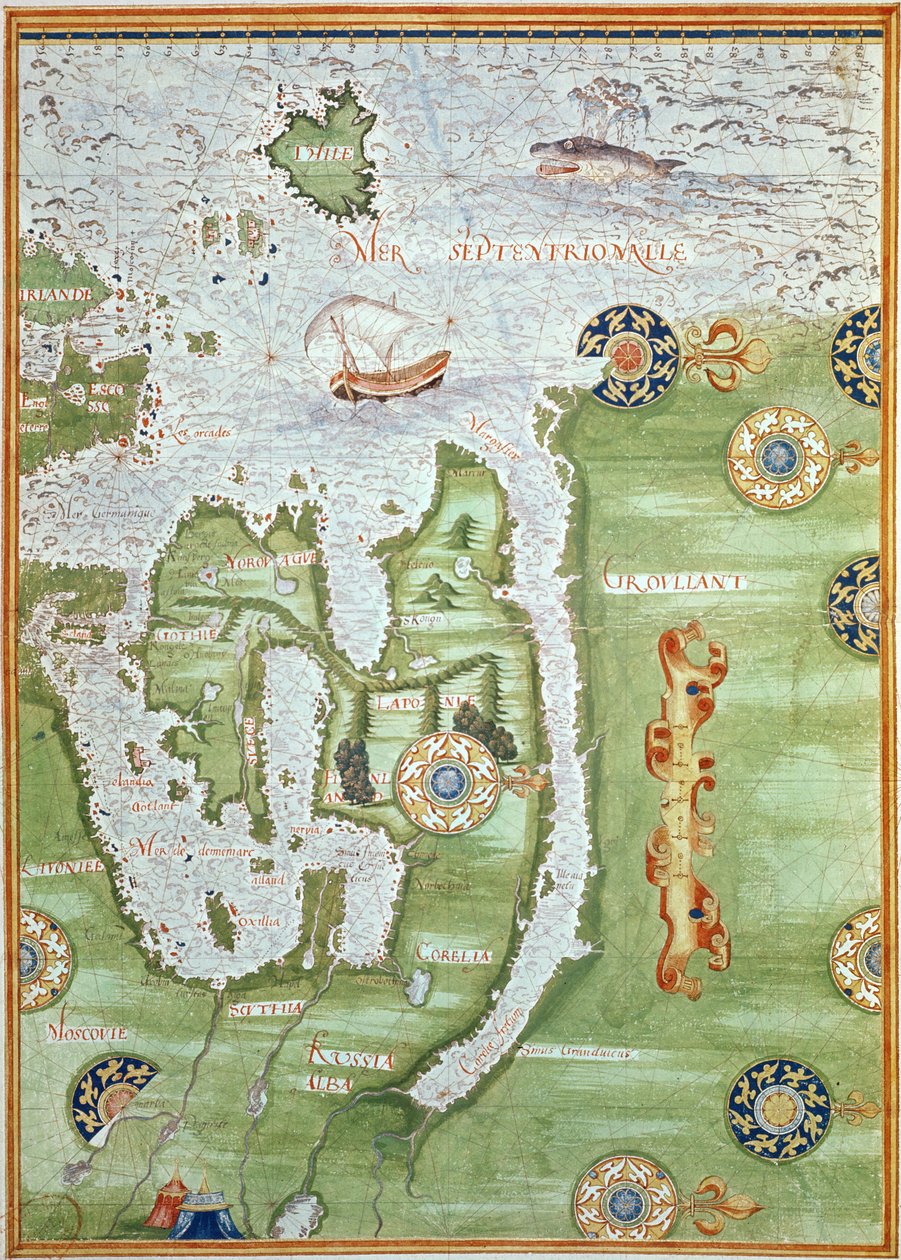 Fol.10v خريطة الدول الاسكندنافية وشمال روسيا ، من "Cosmographie Universelle" ، 1555 بواسطة غيوم لو تستو