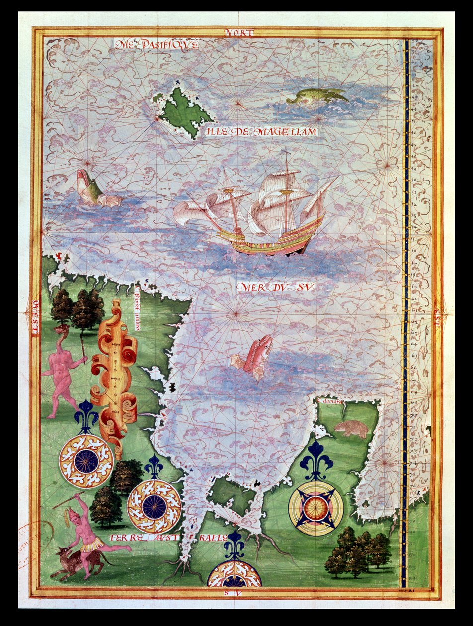 Fol.31v خريطة أستراليا وجزيرة ماجلان من "Cosmographie Universelle" ، 1555 بواسطة غيوم لو تستو