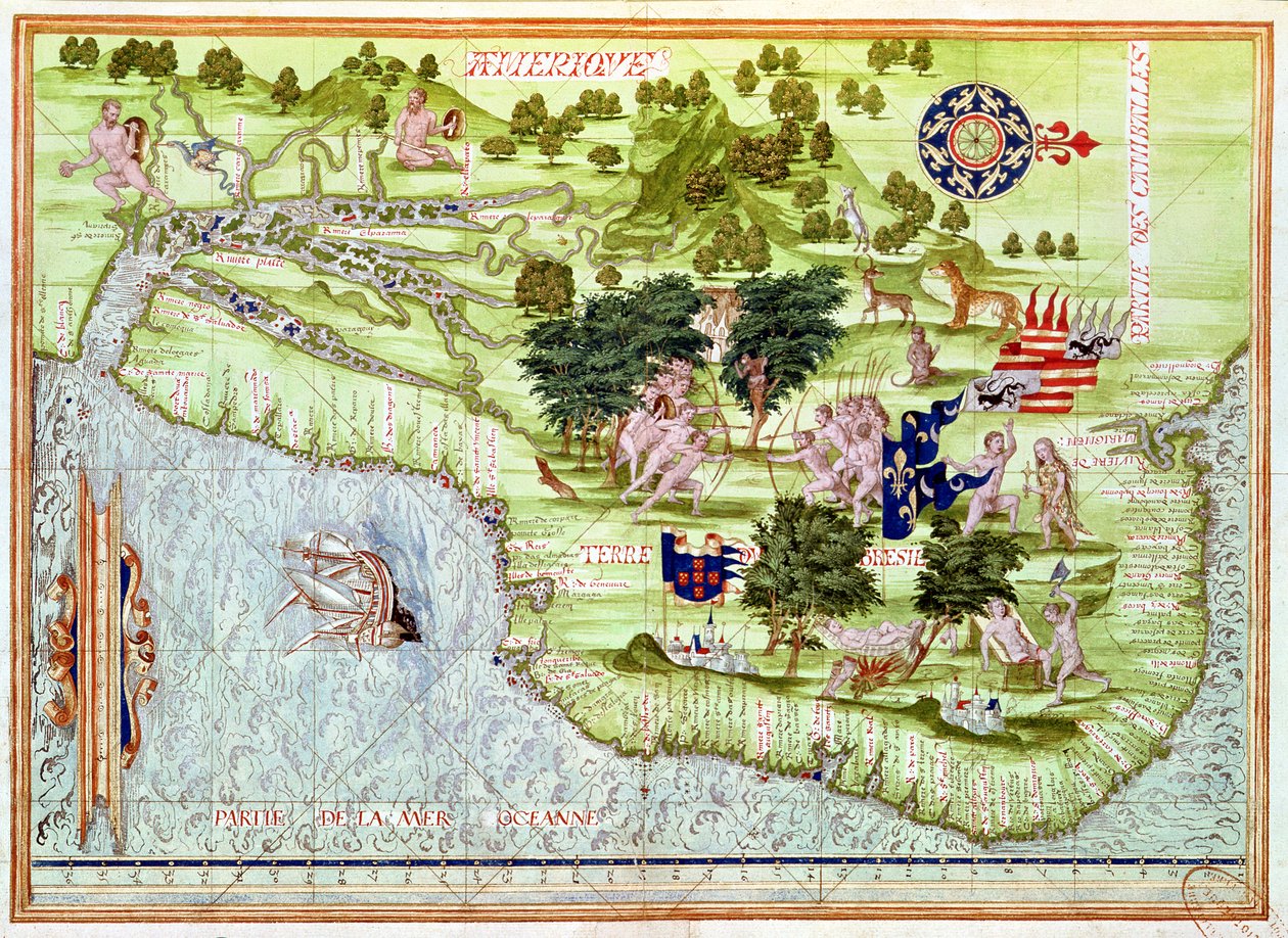 Fol.44v خريطة البرازيل ، من "Cosmographie Universelle" ، 1555 بواسطة غيوم لو تستو