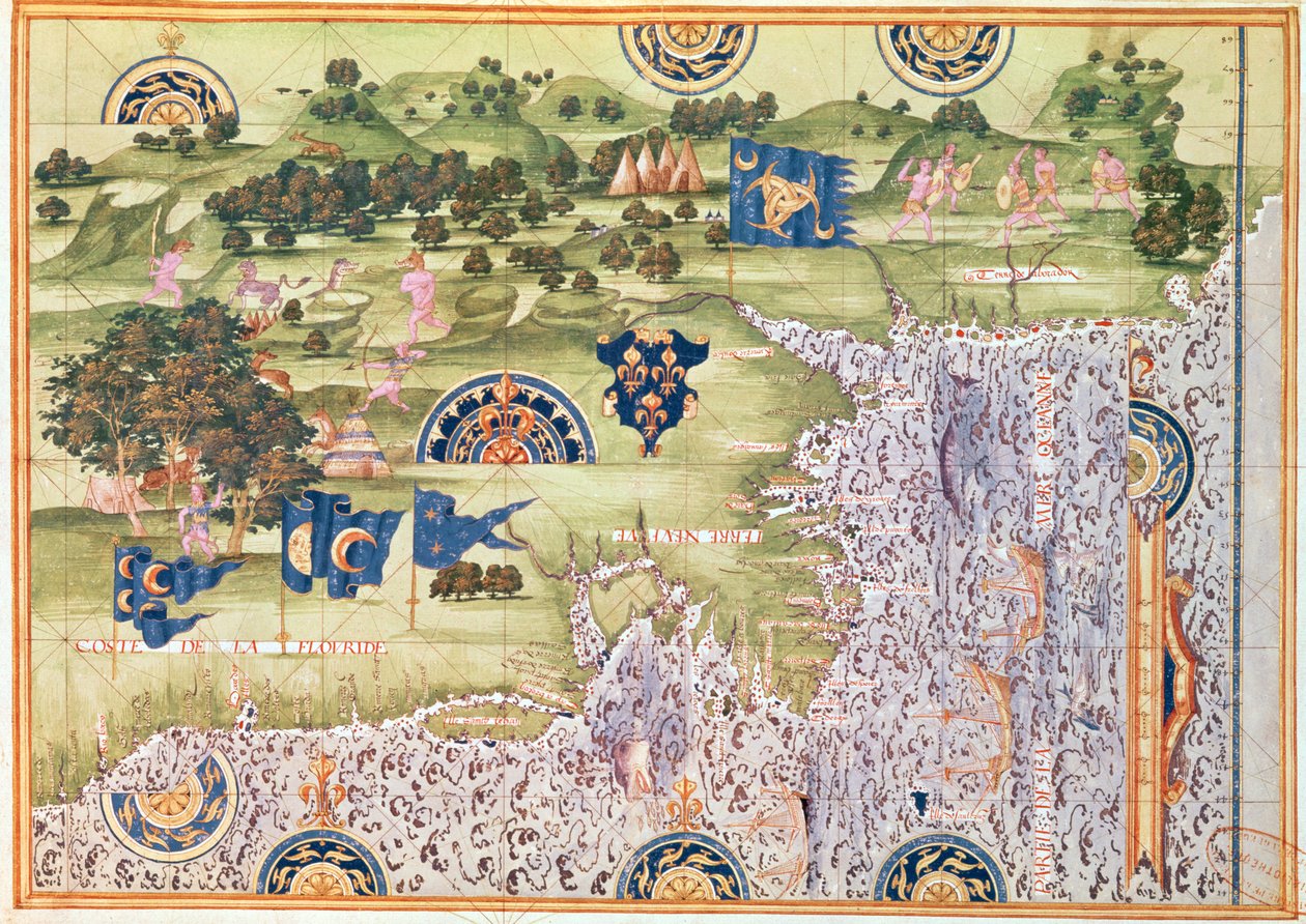 Fol.56v خريطة فلوريدا وكندا ولابرادور ، من "Cosmographie Universelle" ، 1555 بواسطة غيوم لو تستو