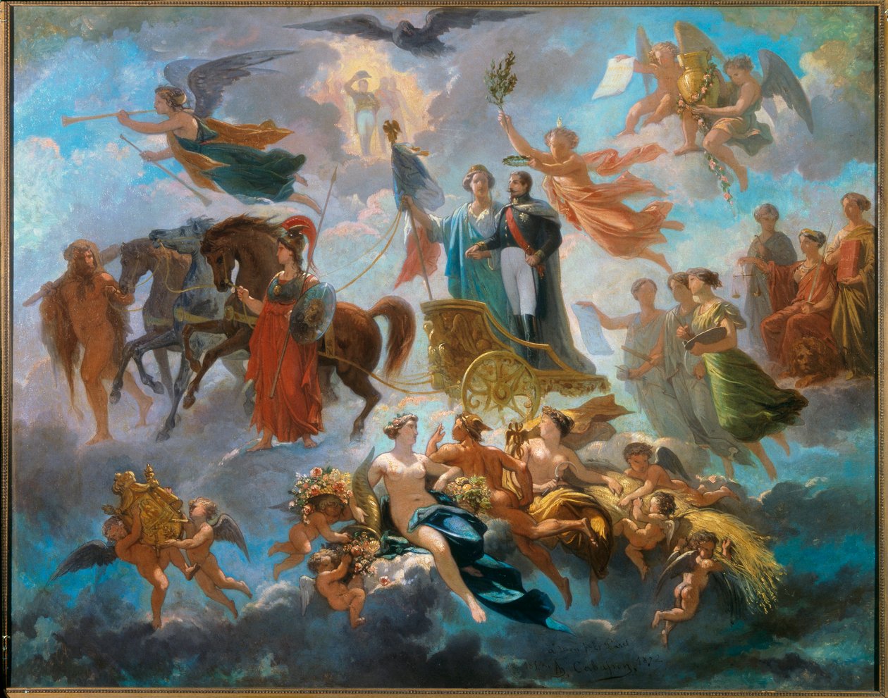 تأليه نابليون الثالث (1808-1873) تمثيل رمزي لانتصار تاج الإمبراطور ، على عربة ، بين الشخصيات الأسطورية أثينا ، هرقل ، هيرميس. لوحة للفونس كاباسون (1814-1884) 1854 صن. 0.65 × 0.81 م كومبين بواسطة Guillaume Alphonse Harang Cabasson