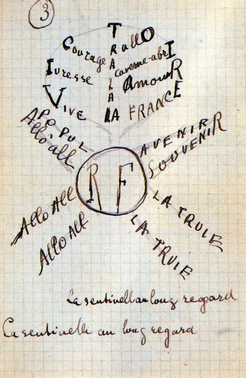 Calligram بقلم Guillaume Apollinaire - في "" القطن في الأذنين "، مخطوطة توقيع مؤلفة من 17 ورقة بواسطة غيوم أبولينير