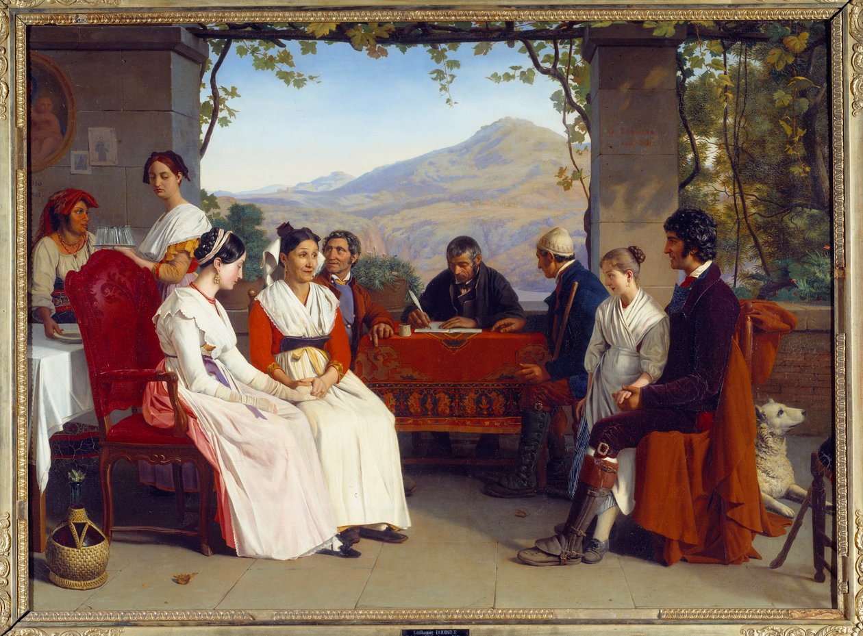 المجتمع الإيطالي: "" عقد الزواج في إيطاليا عام 1831 "لوحة لغيوم بودينير (1795-1872) 1831 صن. 10x1.38 م بواسطة غيوم بودينير