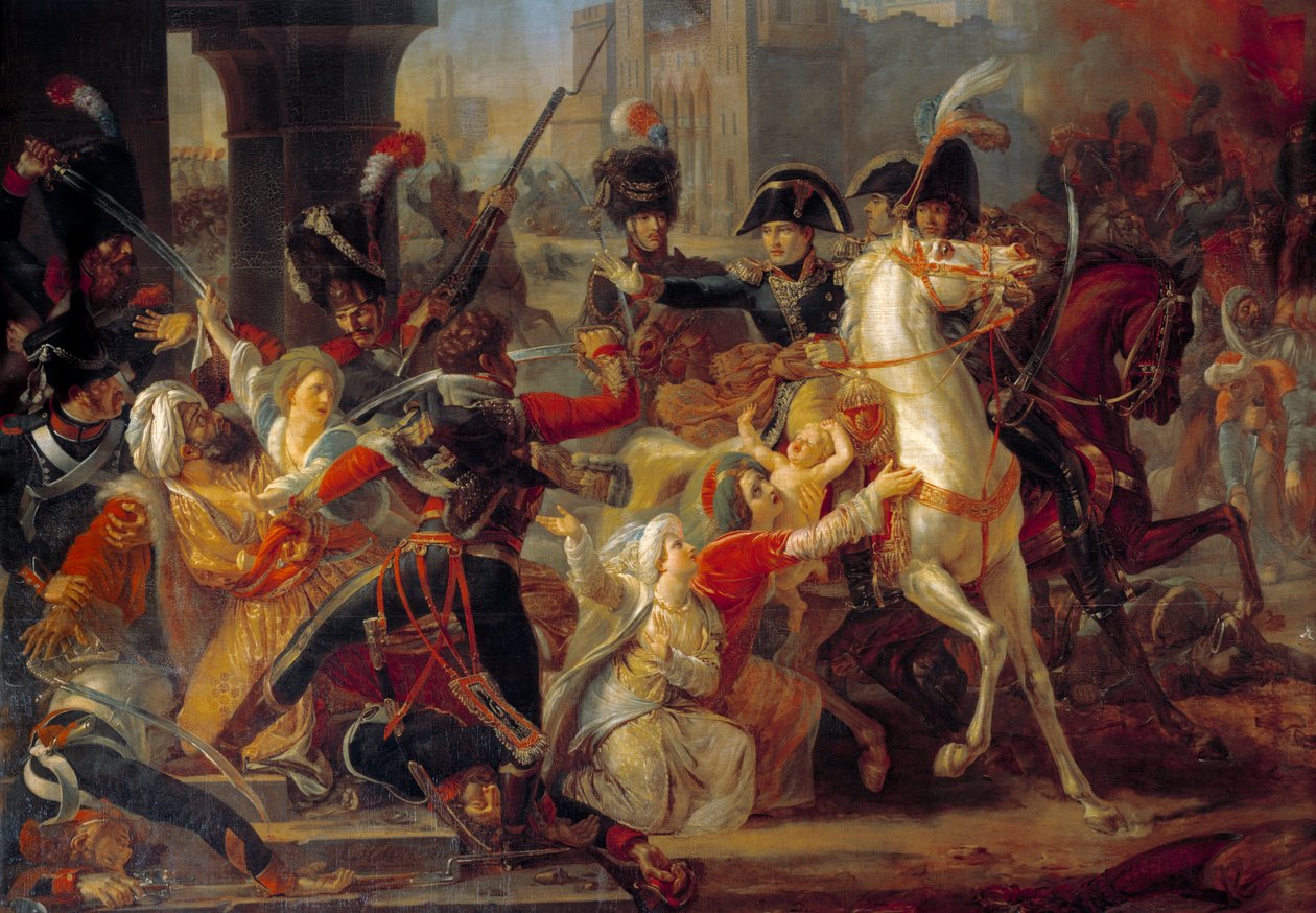 حملة (بعثة) مصر (1798-1801): "" نعمة الجنرال بونابرت تجاه عائلة عربية عندما دخل الجيش الفرنسي الإسكندرية في 3 يوليو. بواسطة غيوم فرانسوا كولسون
