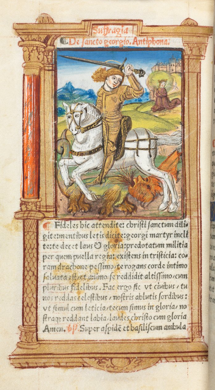 كتاب مطبوع لساعات استخدام روما: fol. 103v ، سانت جورج قتل التنين ، 1510. بواسطة غيوم لو روج