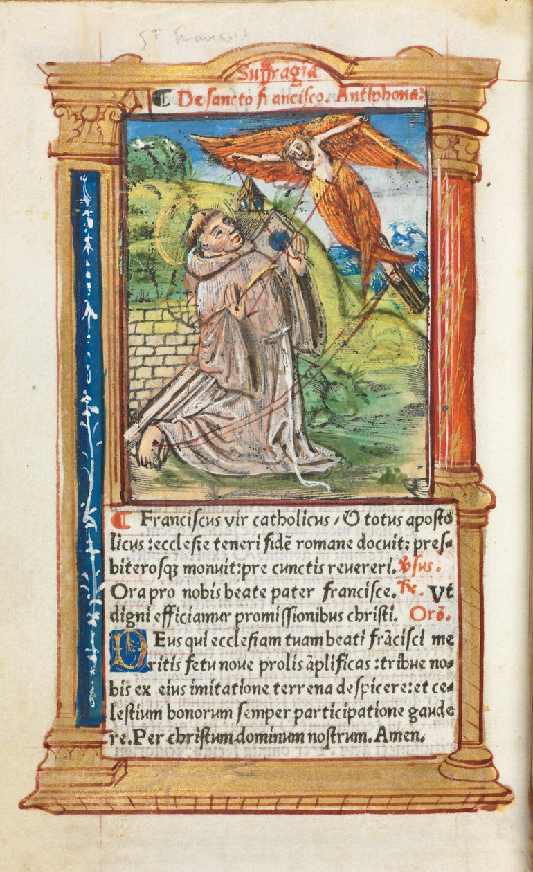 كتاب مطبوع لساعات استخدام روما: fol. 106v ، القديس فرنسيس الأسيزي ، 1510. بواسطة غيوم لو روج