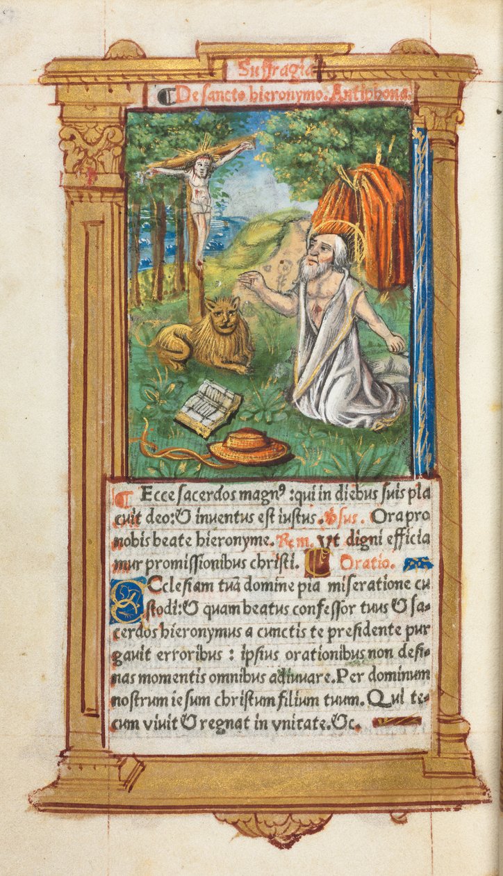 كتاب مطبوع لساعات استخدام روما: fol. 107v ، سانت جيروم والأسد ، 1510. بواسطة غيوم لو روج