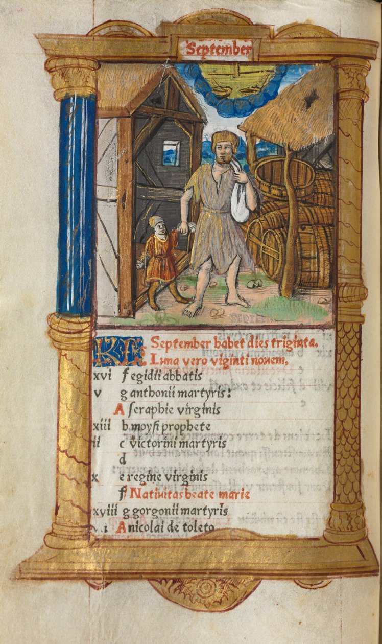 كتاب مطبوع لساعات استخدام روما: fol. 10v ، توضيح تقويم سبتمبر ، 1510. بواسطة غيوم لو روج