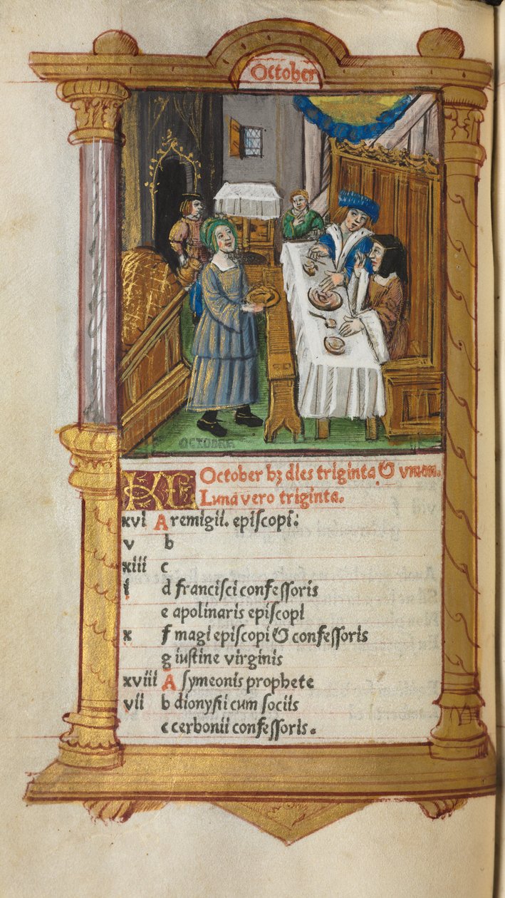 كتاب مطبوع لساعات استخدام روما: fol. 11v ، صفحة تقويم أكتوبر ، 1510. بواسطة غيوم لو روج