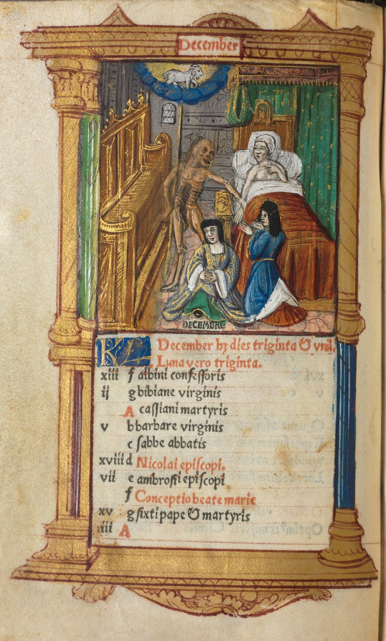 كتاب مطبوع لساعات استخدام روما: fol. 13v ، صفحة تقويم ديسمبر ، 1510. بواسطة غيوم لو روج