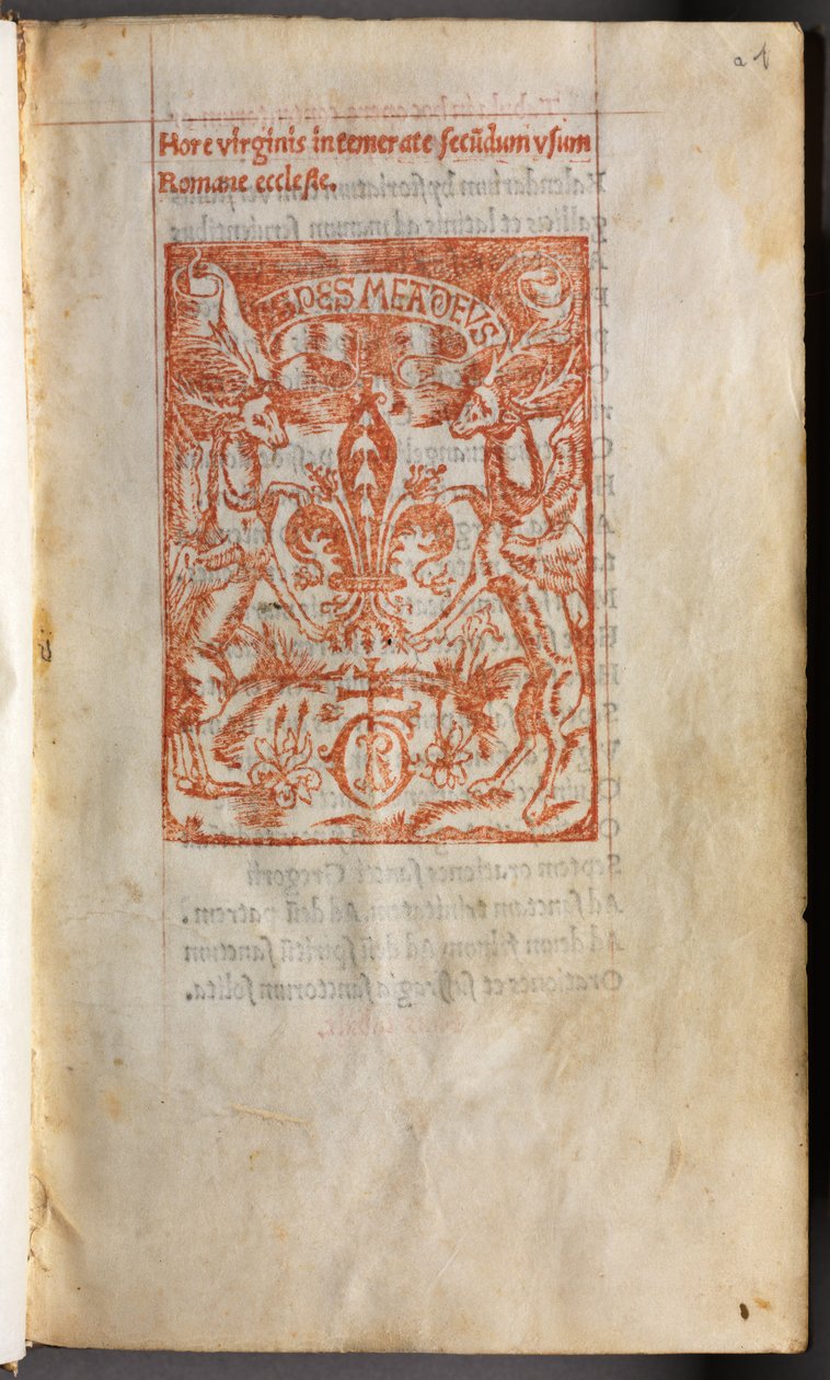 كتاب مطبوع لساعات استخدام روما: fol. 1 ص ، طابعات مارك ، 1510. بواسطة غيوم لو روج