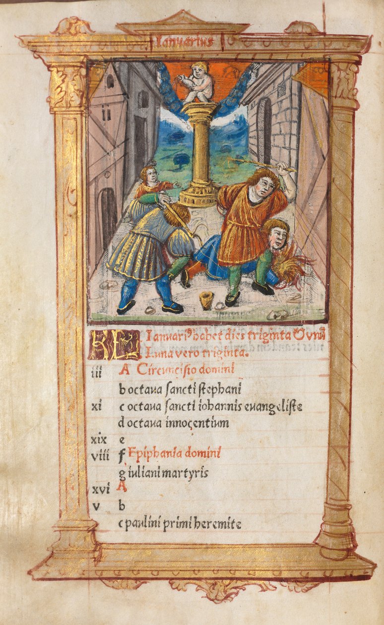 كتاب مطبوع لساعات استخدام روما: fol. 2v ، رسم توضيحي لتقويم يناير ، 1510. بواسطة غيوم لو روج