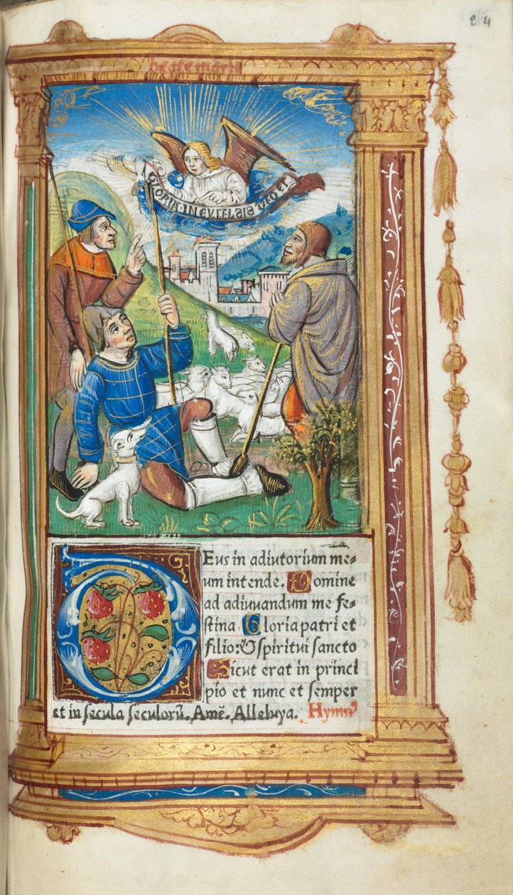 كتاب مطبوع لساعات استخدام روما: fol. 36 و ، البشارة للرعاة ، 1510. بواسطة غيوم لو روج
