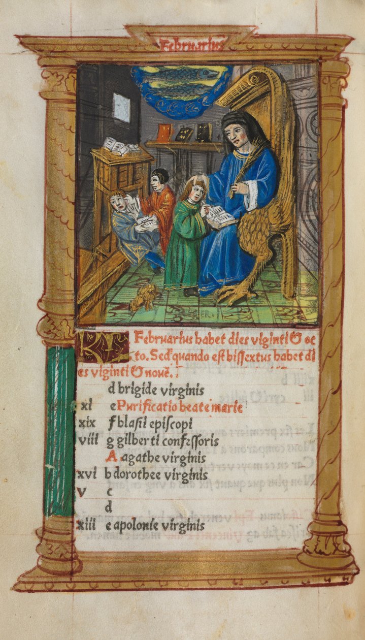 كتاب مطبوع لساعات استخدام روما: fol. 3v ، تقويم تقويم فبراير ، 1510. بواسطة غيوم لو روج