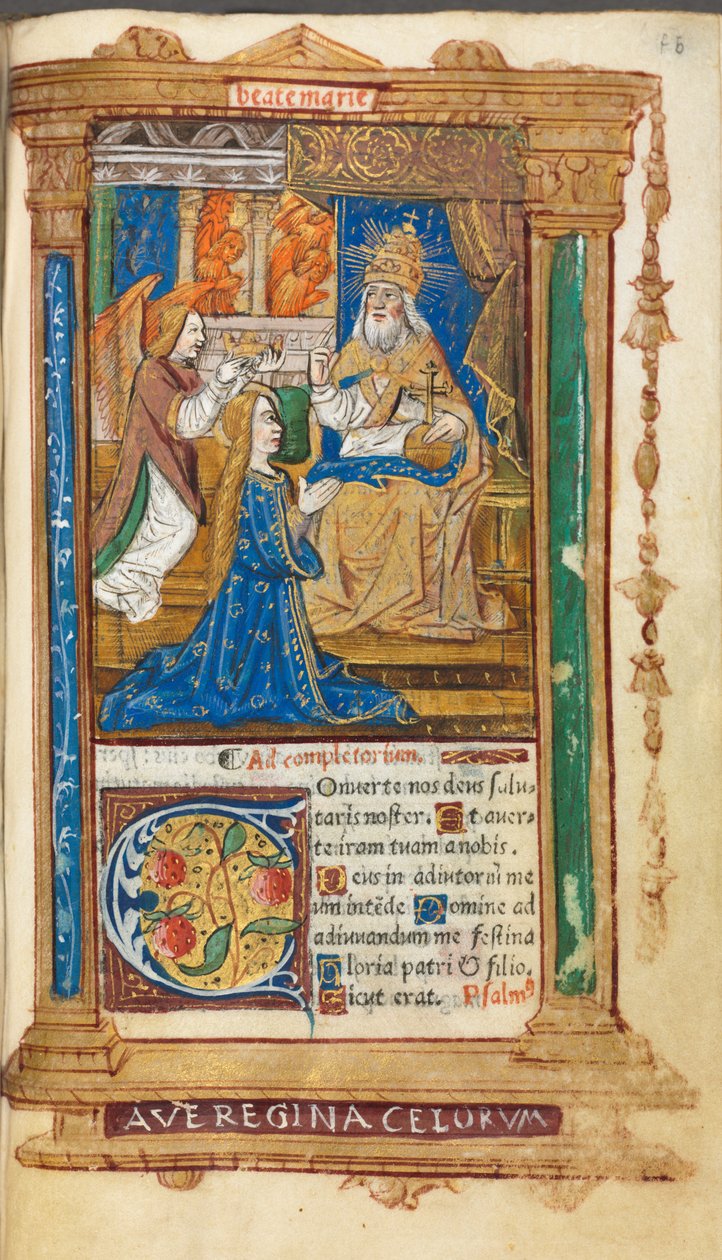 كتاب مطبوع لساعات استخدام روما: fol. 45 و ، تتويج العذراء ، 1510. بواسطة غيوم لو روج