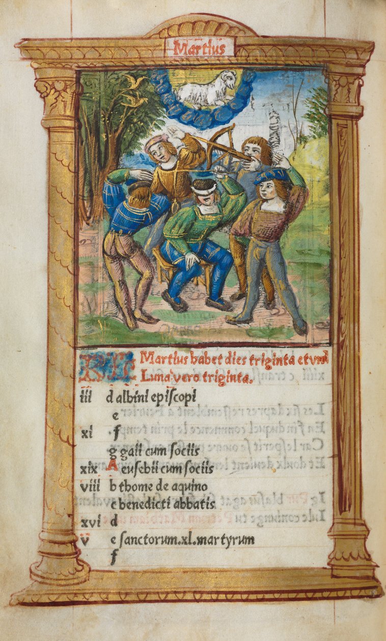 كتاب مطبوع لساعات استخدام روما: fol. 4v ، رسم توضيحي لتقويم مارس ، 1510. بواسطة غيوم لو روج