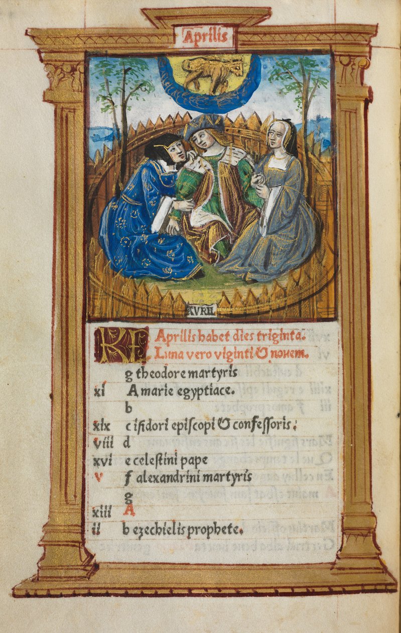 كتاب مطبوع لساعات استخدام روما: fol. 5v ، رسم توضيحي لتقويم أبريل ، 1510. بواسطة غيوم لو روج
