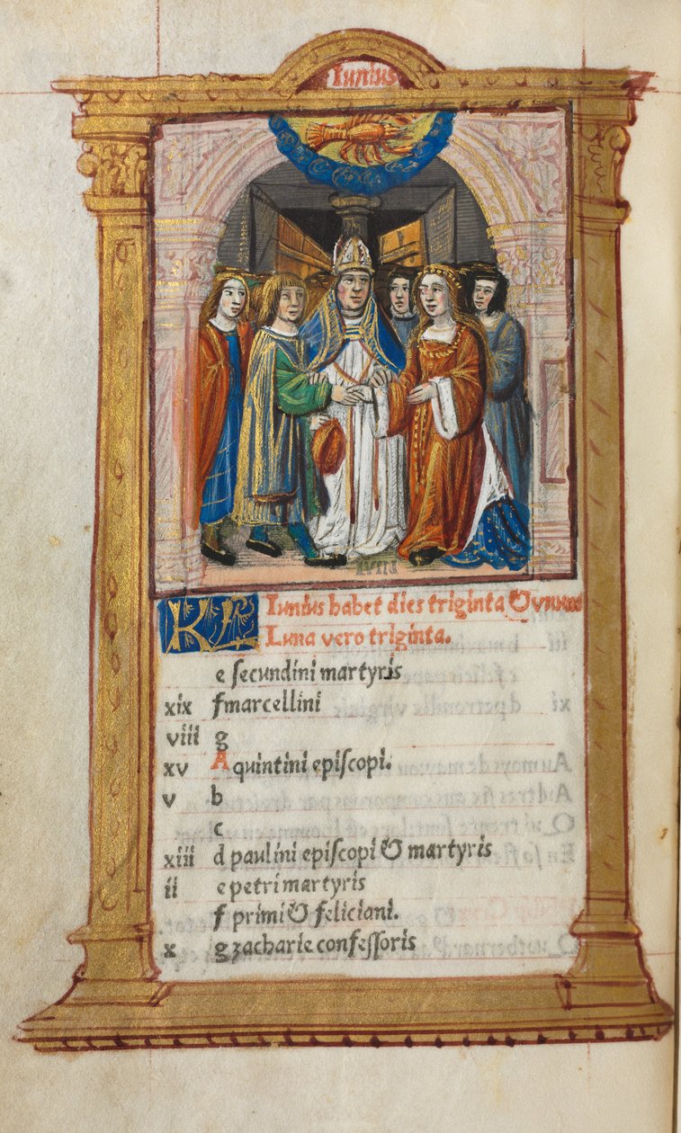 كتاب مطبوع لساعات استخدام روما: fol. 7v ، توضيح تقويم يونيو ، 1510. بواسطة غيوم لو روج