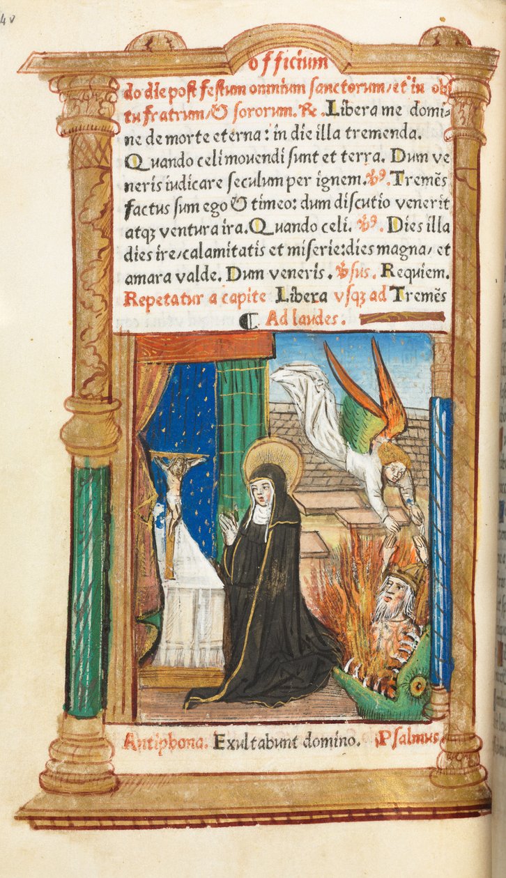 كتاب مطبوع لساعات استخدام روما: fol. 84v ، الراهبة الدومينيكية في الصلاة ، 1510. بواسطة غيوم لو روج