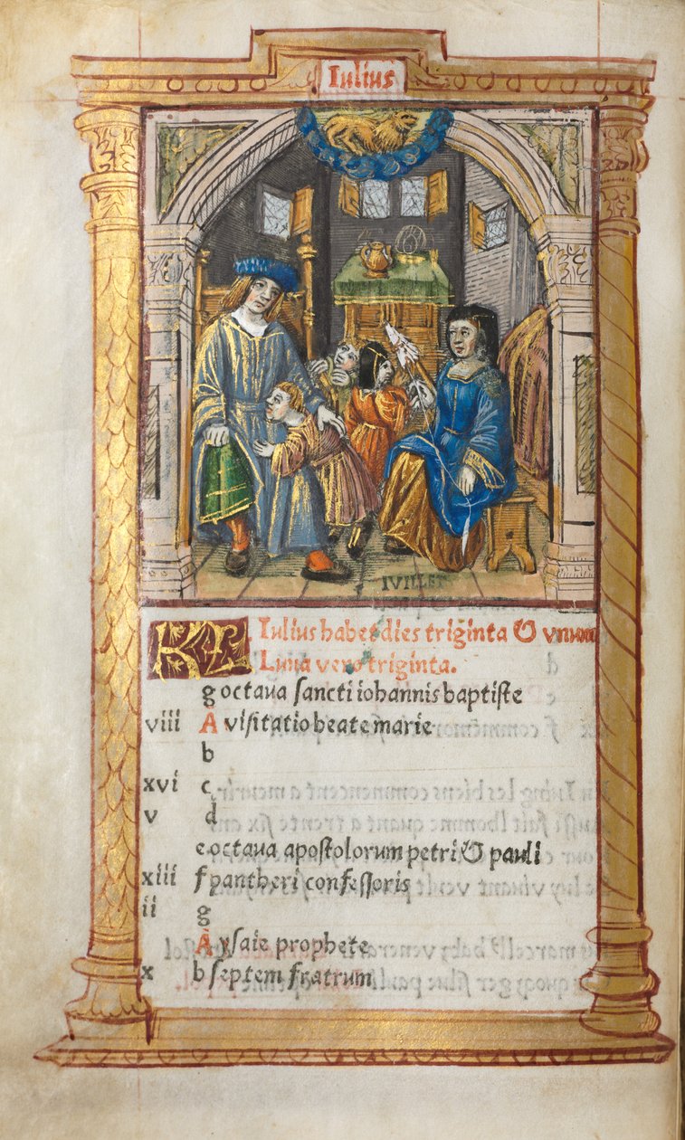 كتاب مطبوع لساعات استخدام روما: fol. 8v ، رسم توضيحي لتقويم يوليو ، 1510. بواسطة غيوم لو روج