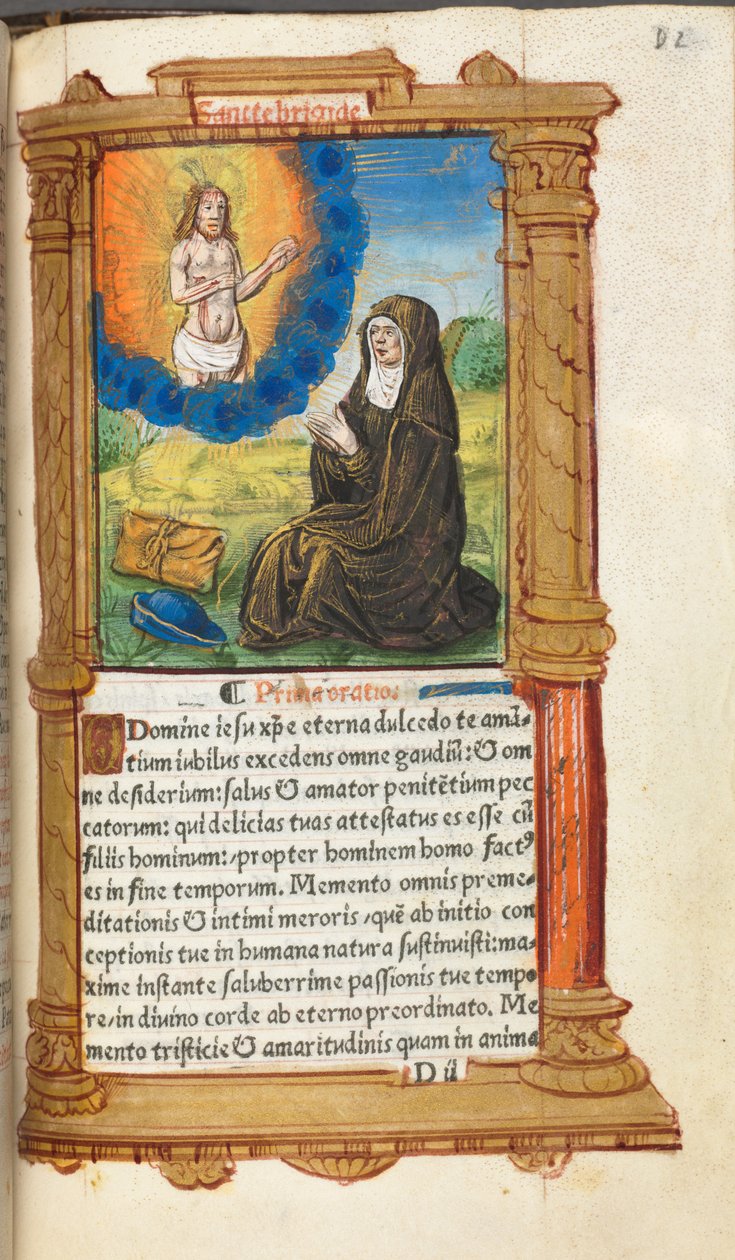 كتاب مطبوع لساعات استخدام روما: fol. 90 و ، القديسة بريدجيت في الصلاة قبل ظهور المسيح ، بواسطة غيوم لو روج