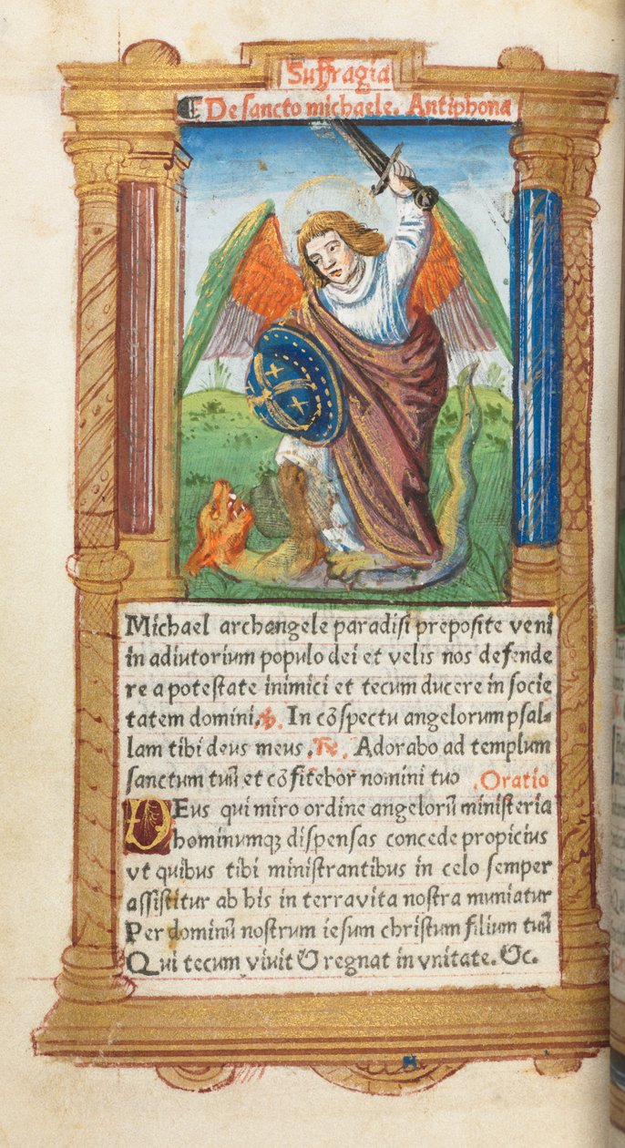 كتاب مطبوع لساعات استخدام روما: fol. 97v ، القديس ميخائيل رئيس الملائكة ، 1510. بواسطة غيوم لو روج