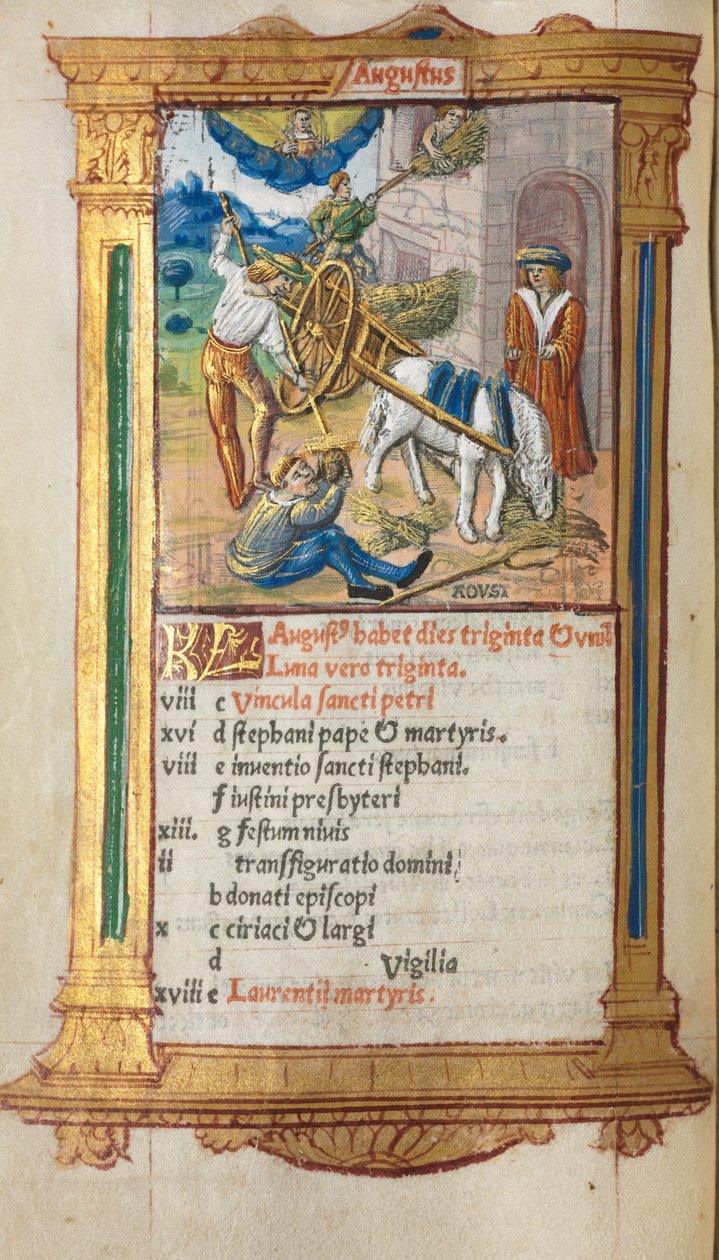 كتاب مطبوع لساعات استخدام روما: fol. 9v ، توضيح تقويم أغسطس ، 1510. بواسطة غيوم لو روج